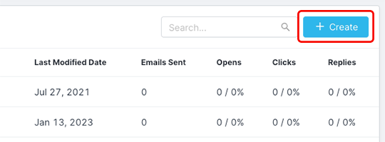 Image of the Templates table with the Create button highlighted